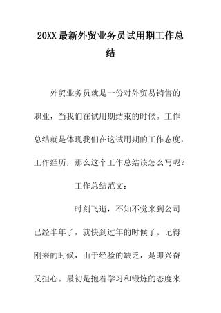 20XX最新外贸业务员试用期工作总结