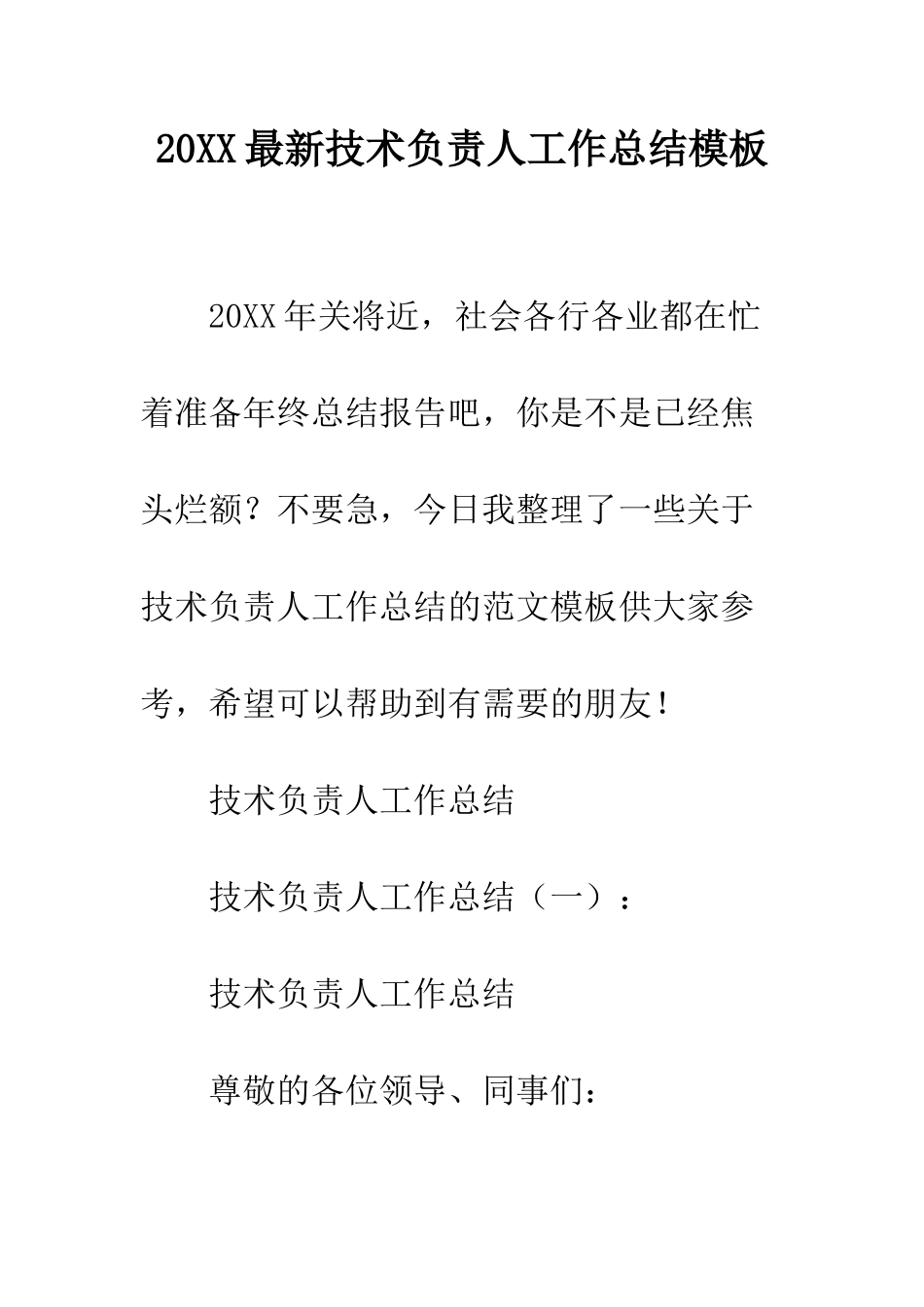 20XX最新技术负责人工作总结模板_第1页