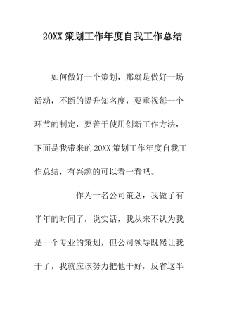 20XX策划工作年度自我工作总结