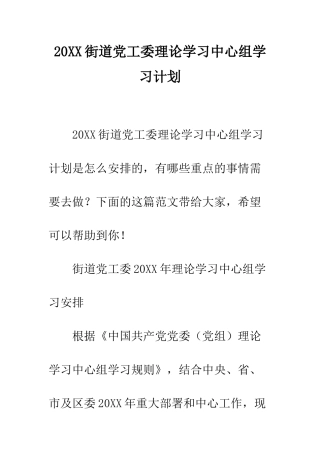 20XX街道党工委理论学习中心组学习计划