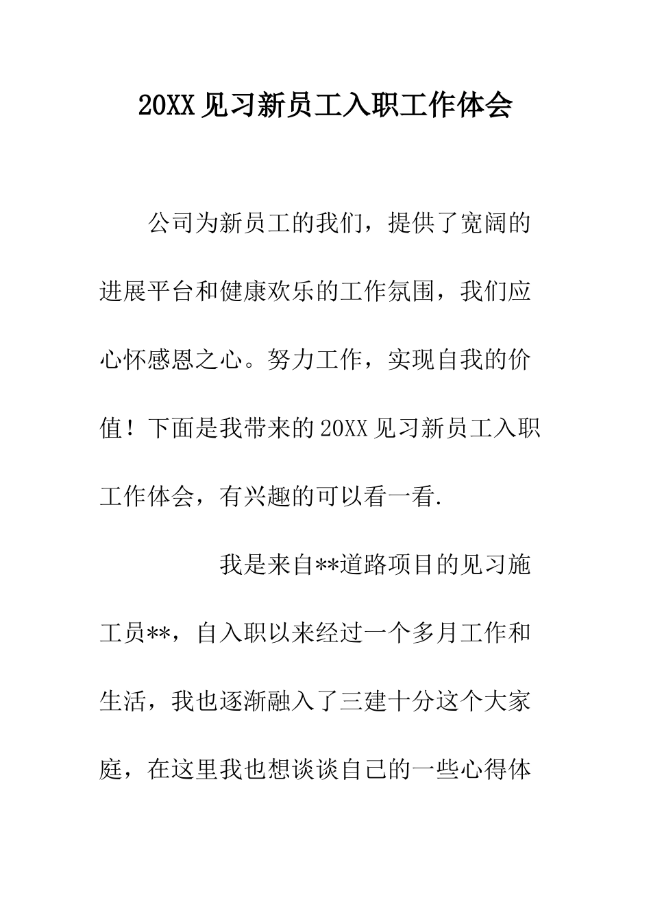 20XX见习新员工入职工作体会_第1页