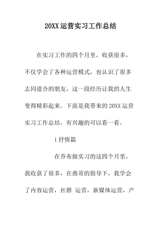 20XX运营实习工作总结