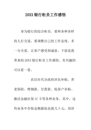 20XX银行柜员工作感悟