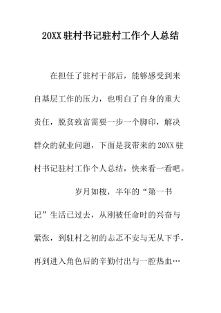 20XX驻村书记驻村工作个人总结