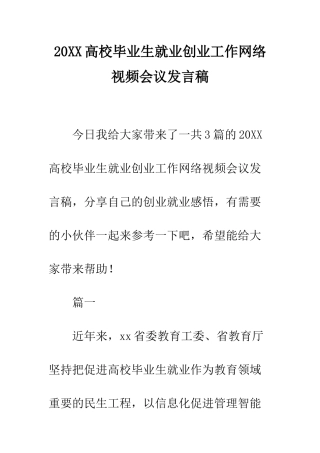 20XX高校毕业生就业创业工作网络视频会议发言稿