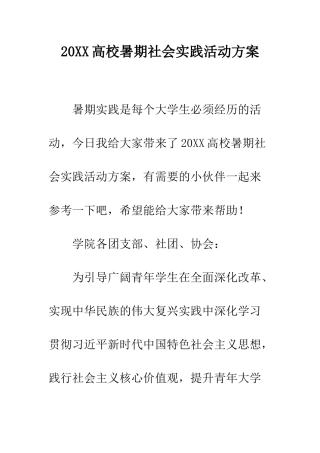 20XX高校暑期社会实践活动方案