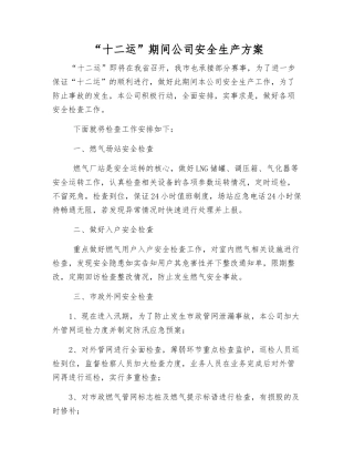 “十二运”期间公司安全生产方案