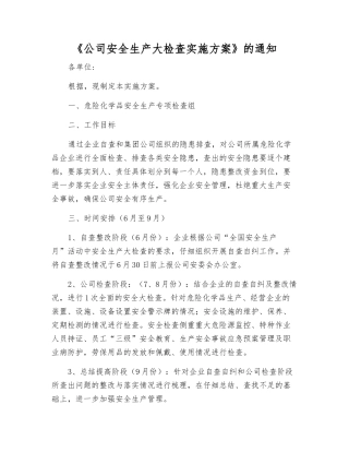 《公司安全生产大检查实施方案》的通知