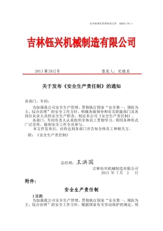 安全生产责任制发布文件 (红头文件参考)