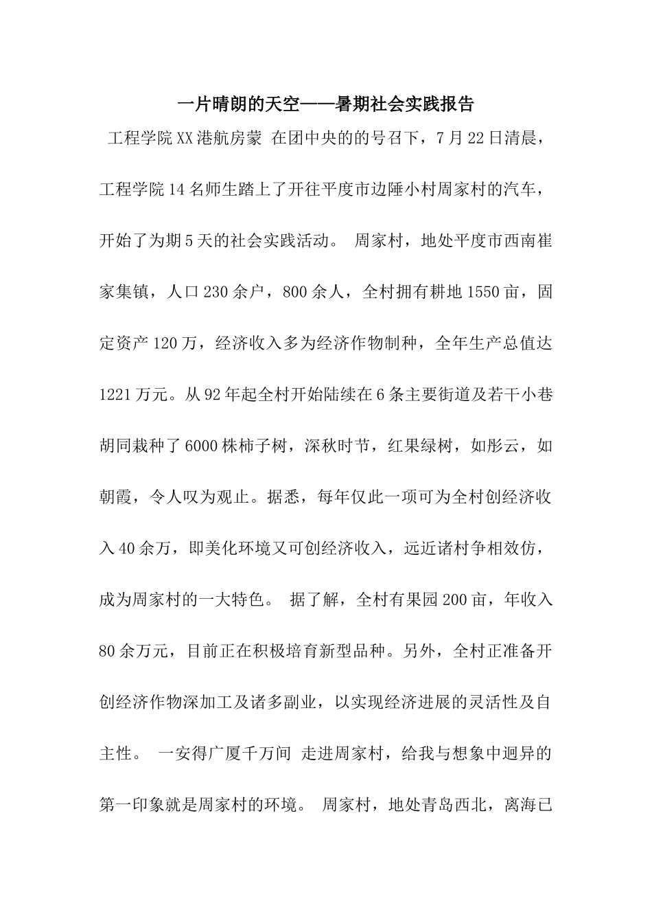 一片晴朗的天空——暑期社会实践报告_第1页
