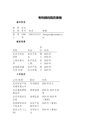 专利顾问简历表格