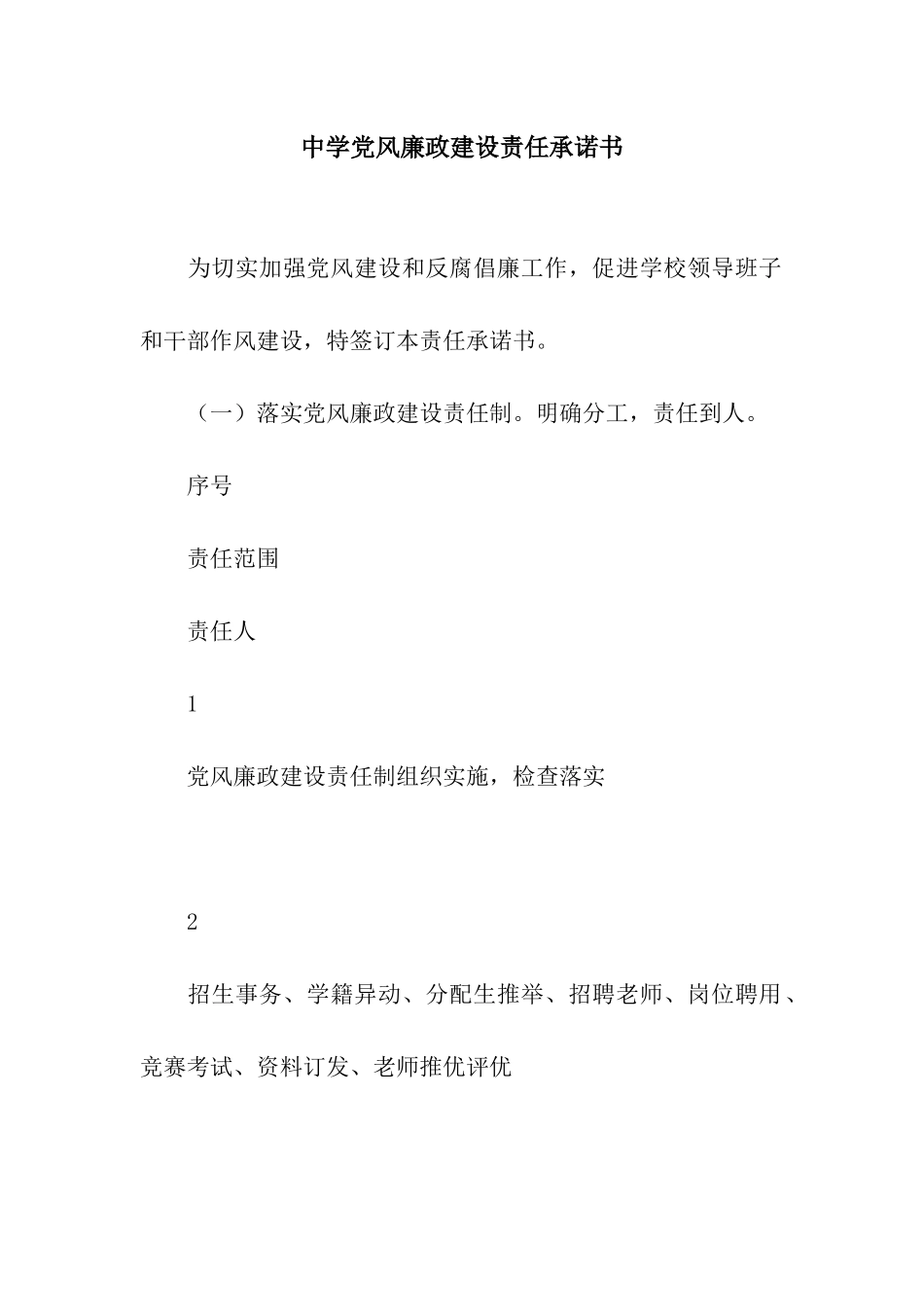 中学党风廉政建设责任承诺书_第1页