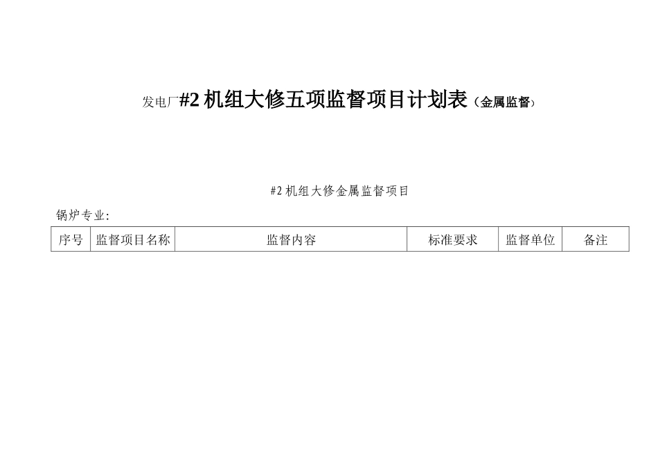 发电厂#2机组大修五项监督项目计划表（金属监督）_第1页