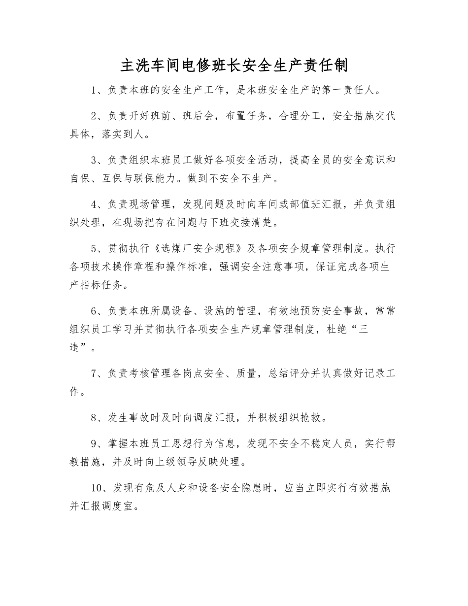 主洗车间电修班长安全生产责任制_第1页