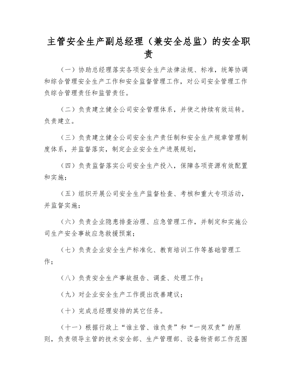 主管安全生产副总经理的安全职责_第1页