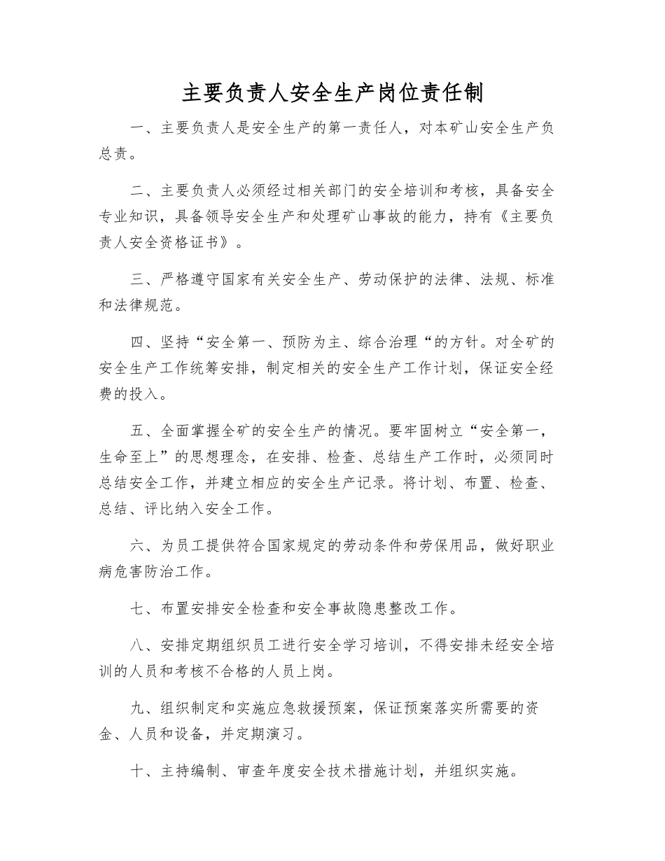 主要负责人安全生产岗位责任制_第1页