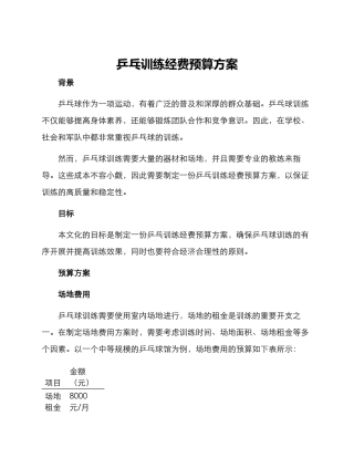 乒乓训练经费预算方案