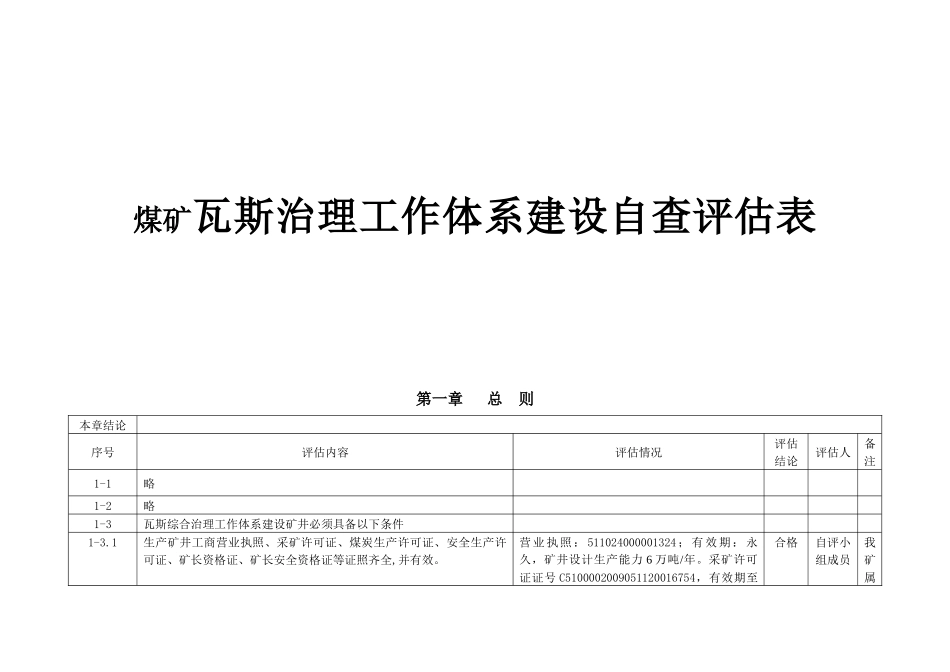 煤矿瓦斯治理工作体系建设自查评估表_第1页