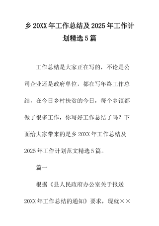 乡20XX年工作总结及2025年工作计划精选5篇