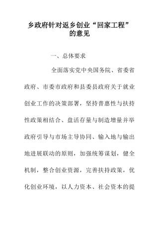 乡政府针对返乡创业“回家工程”的意见