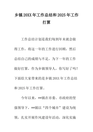 乡镇20XX年工作总结和2025年工作打算
