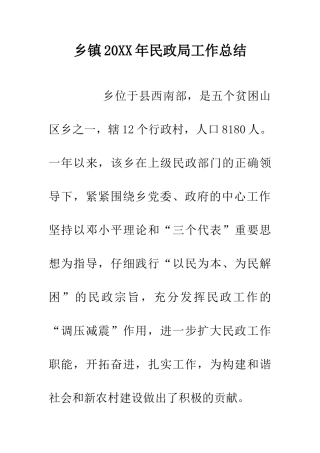 乡镇20XX年民政局工作总结