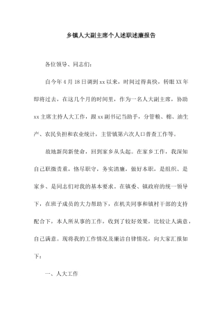 乡镇人大副主席个人述职述廉报告