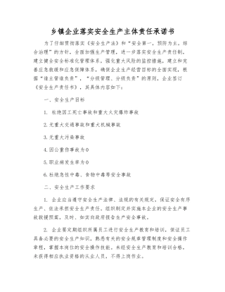 乡镇企业落实安全生产主体责任承诺书