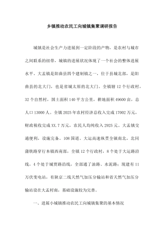 乡镇推进农民工向城镇集聚调研报告