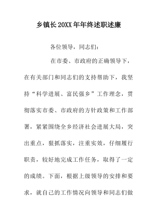 乡镇长20XX年年终述职述廉