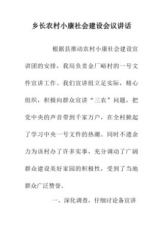 乡长农村小康社会建设会议讲话