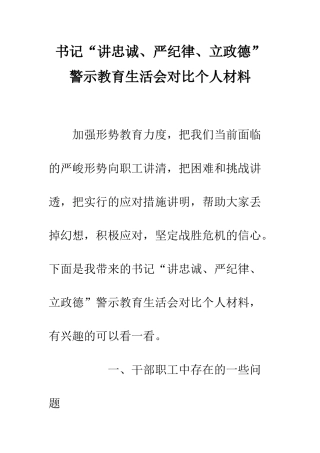 书记“讲忠诚、严纪律、立政德”警示教育生活会对照个人材料