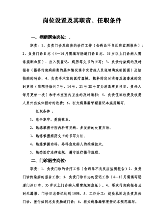 医院制度手册岗位设置及其职责、任职条件