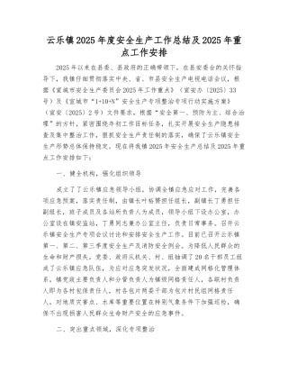 云乐镇2025年度安全生产工作总结及2025年重点工作安排
