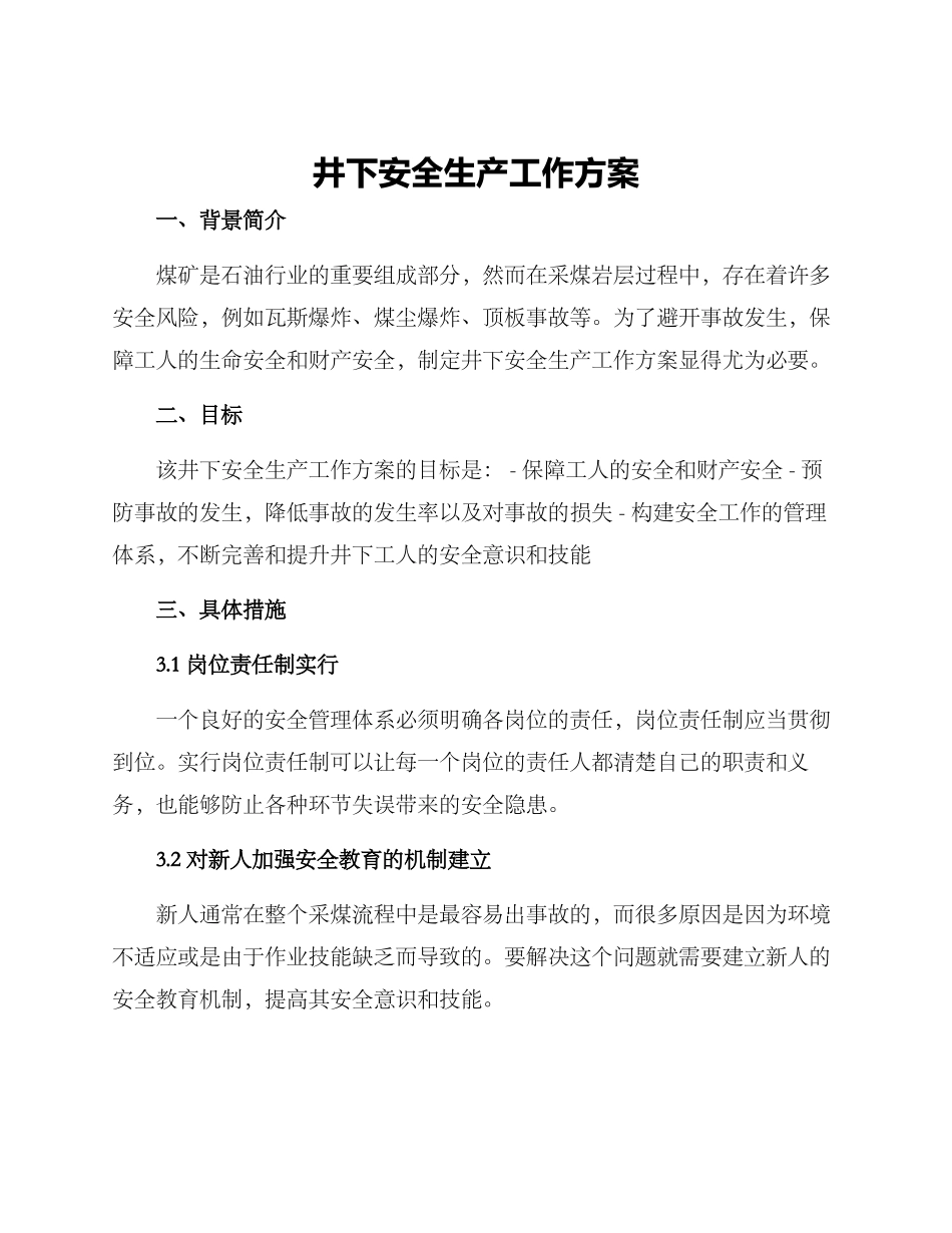 井下安全生产工作方案_第1页