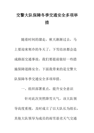 交警大队保障冬季交通安全多项举措
