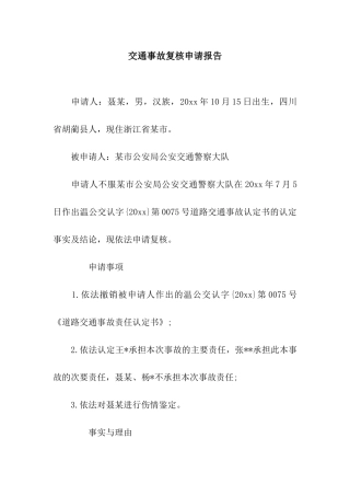 交通事故复核申请报告