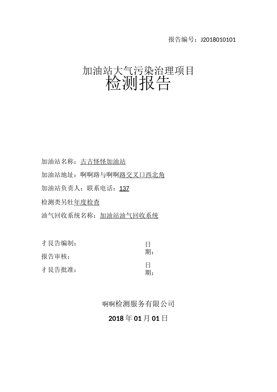 加油站油气回收竣工检测年度典型报告样本_第1页