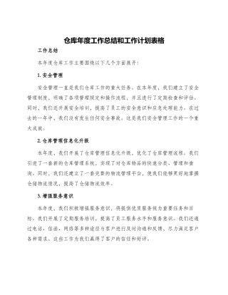 仓库年度工作总结和工作计划表格