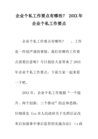 企业个私工作要点有哪些？-20XX年企业个私工作要点