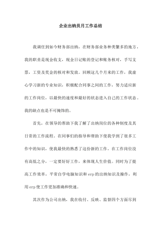 企业出纳员月工作总结