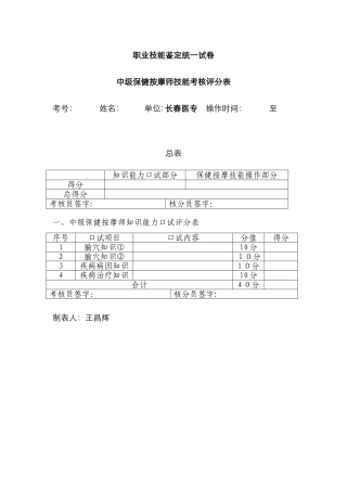 保健按摩师技能考核评分表