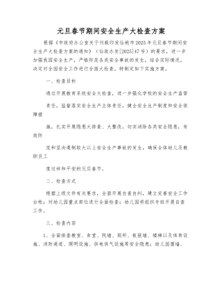 元旦春节期间安全生产大检查方案