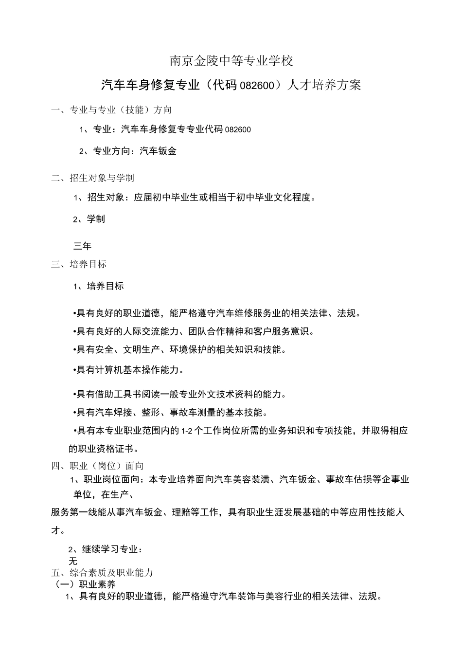 汽车车身修复专业(钣金方向)人才培养方案_第1页