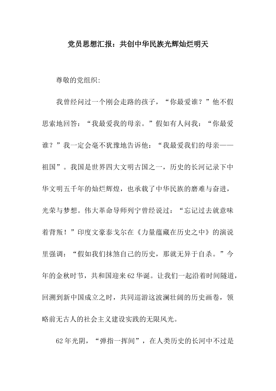 党员思想汇报共创中华民族光辉灿烂明天_第1页