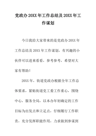党政办20XX年工作总结及20XX年工作谋划