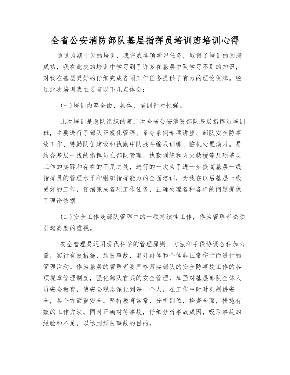 全省公安消防部队基层指挥员培训班培训心得_第1页
