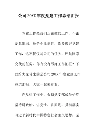 公司20XX年度党建工作总结汇报