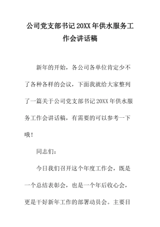 公司党支部书记20XX年供水服务工作会讲话稿