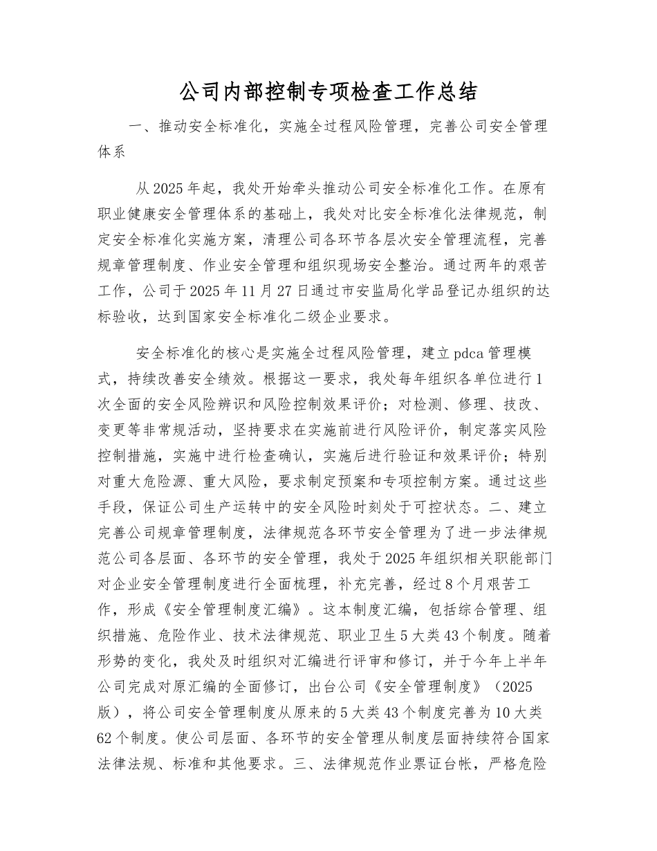 公司内部控制专项检查工作总结_第1页